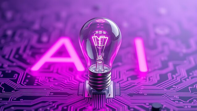 AI Innovation: Glowing Lightbulb on Futuristic Purple Circuit Board