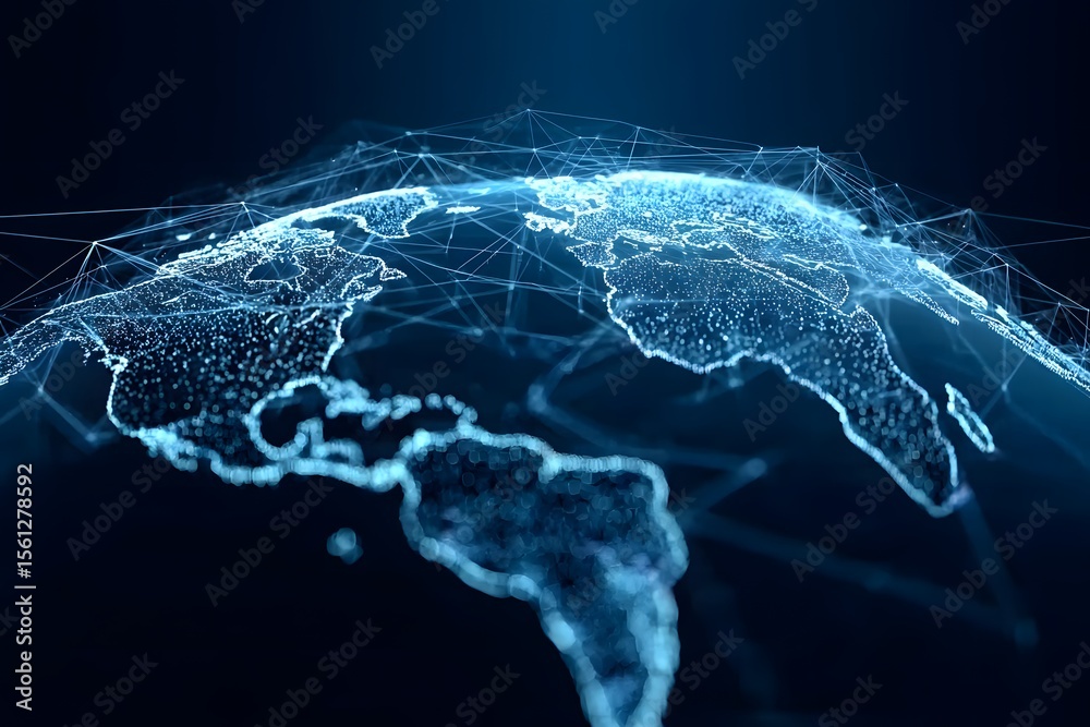 Sticker abstract global network concept with a blue glowing map of the world, digital data transfer, and con