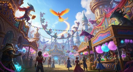 Fototapeta premium Vibrant Fantasy Carnival with Mythical Creatures and Festive Atmosphere