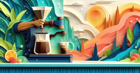 Papercraft style coffee preparation scene. Bright colors, stylized plants, fruit, bubbles create whimsical composition.