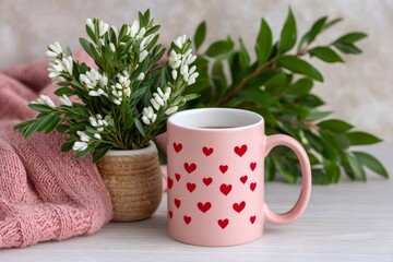 Pink mug with hearts print containing hot beverage near woolen cloth and flowers
