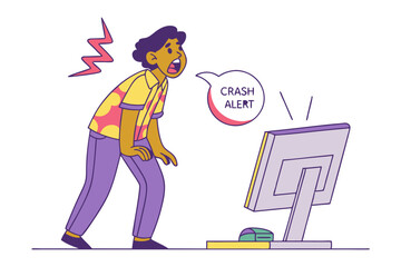 Shocked person reacts to computer crash alert with open mouth and lightning bolt symbolizing distress
