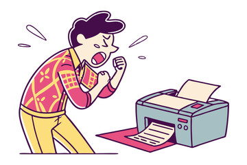 Frustrated person yelling at a malfunctioning printer that is printing a blank page with lines