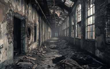 Fototapeta premium A long hallway in a dilapidated building with debris and broken windows visible