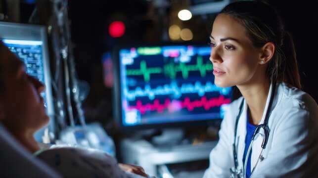 Female doctor checking patient vitals on digital monitor, soft lighting

 - Powered by Adobe