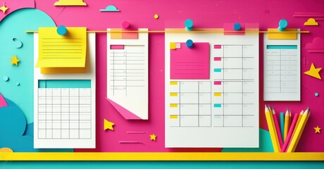 Colorful papers, calendars, pencils present planning concept. Bright design suggests organization, productivity, schedule management.