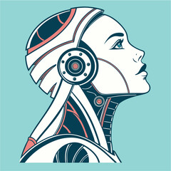 High-Tech Sentinel — A futuristic vector illustration depicting a robotic humanoid clad in angular, helmeted armor. The figure features segmented plating, a prominent chest panel, and geometric facial