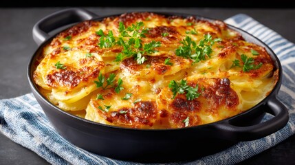 Delicious potato gratin with melted cheese and parsley topping, resting on a kitchen towel