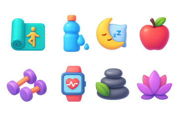 Wellness icons illustration in 3d simple style for health and fitness design