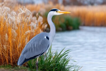 Grey heron standing near lake and looking for fish
