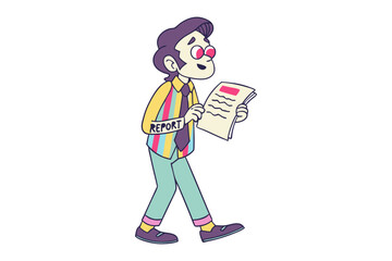 Cartoon character with purple hair and pink eyes walks while holding a document labeled report and wearing a colorful striped shirt and teal pants