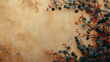 Abstract background featuring a light wooden table with nature-inspired patterns and colors, viewed from above