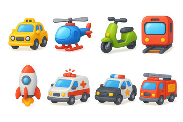 Colorful 3d illustration of transportation icons for design and posters