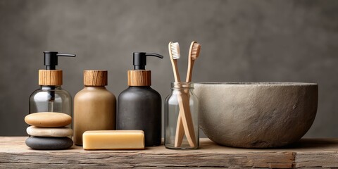 Natural bamboo toothbrushes and soap dispensers in a minimalist bathroom
