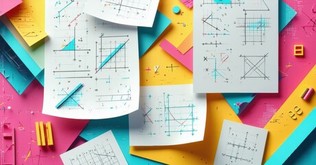 Math papers, tools scattered over pink surface. Geometry, equations, graphs dominate visual space. Bright colors present.