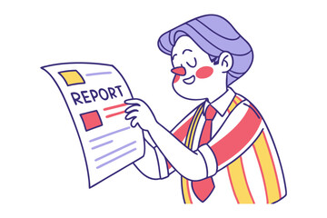 Joyful cartoon character delighted while reviewing a report with colorful charts and data