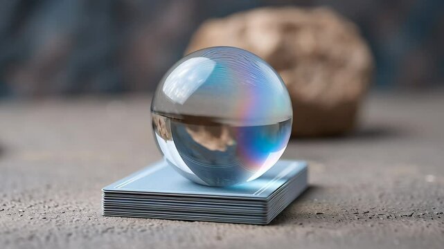 a levitating glass orb emitting subtle rainbow light surrounded by open affirmation cards