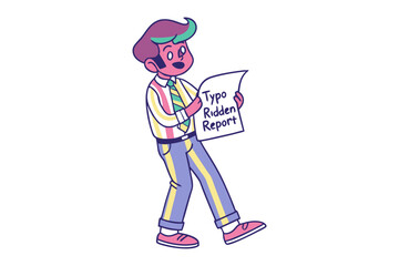 Animated character with purple hair and colorful striped clothing holds a paper titled typo ridden report