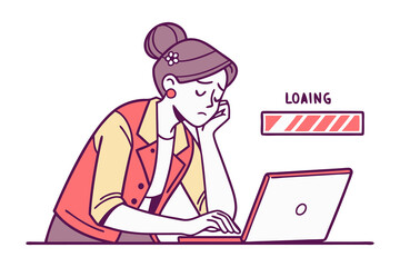 Frustrated woman with her head in her hand as a loading bar indicates a slow internet connection or computer processing