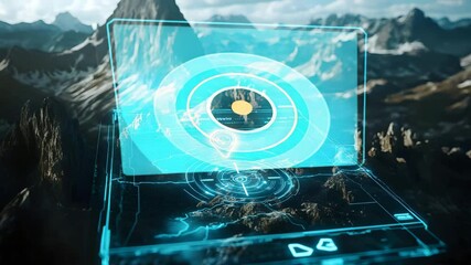 3D holographic navigation screen with blinking GPS marker over mountainous terrain and digital compass, clear high-tech visuals - Powered by Adobe