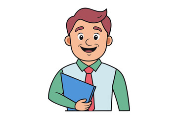 Smiling cartoon man in a suit and tie holding a blue folder ready for business or presentation