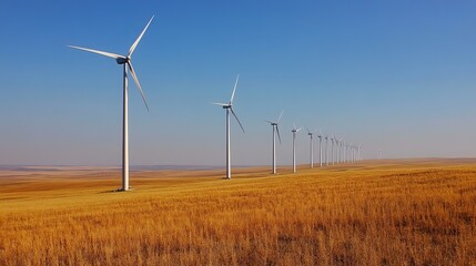 A line of wind turbines stands tall in a vast, golden field under a clear blue sky, showcasing clean energy production in a natural landscape