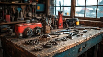 Close-up farming equipment, worn tools arranged on wooden table, tractor parts visible, essential agricultural gear used in daily rural operations and maintenance
