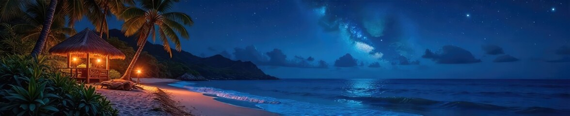 Vibrant Hawaiian Night Scene Lush Tropical Landscape Under Starry Sky, Illuminated by Tiki Torches