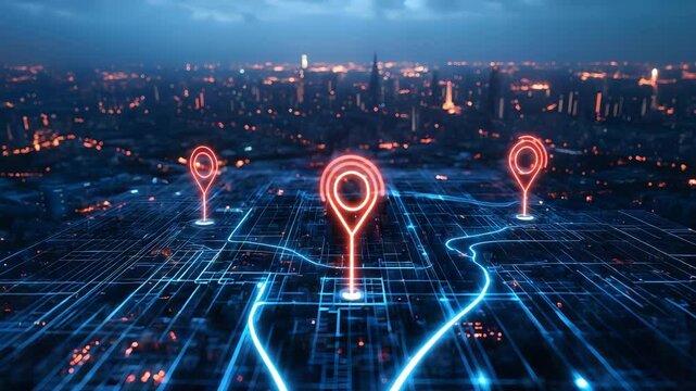3D navigation interface displaying real-time location detection over urban cityscape with glowing path markers and focused digital grid - Powered by Adobe