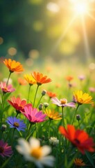 Serene Sunlit Meadow Wildflowers Dancing in a Gentle Breeze, Botanical Harmony
