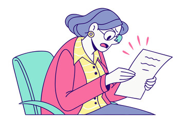 Shocked woman in glasses and pink blazer reading a document with exclamatory pink lines indicating surprise