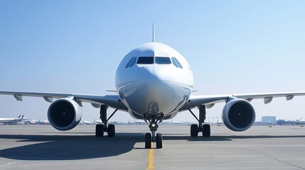 A pristine white passenger jet sits on the tarmac, ready for takeoff against a clear blue sky.  Its sleek design and powerful engines are prominently displayed