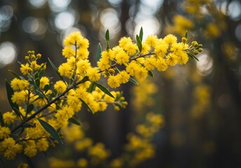 Yellow Acacia Flowers, Winter Bushland, Soft Light, Botanical Art