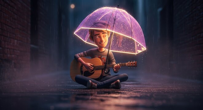 Melodic resilience a rainy day serenade with a neon glow of musical solace in an urban ambiance
