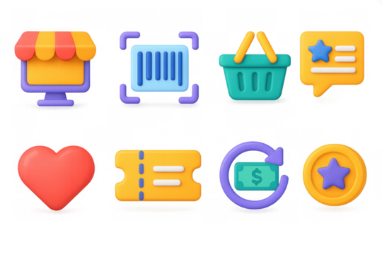 Flat design illustration of e-commerce icons in a simple grid layout for digital and print use