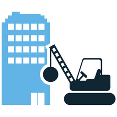 Building demolition icon vector showing destructive process and site preparation. Ideal for urban renewal, construction projects, and representing removal or rebuilding stages.