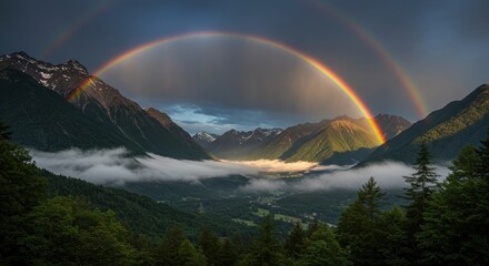 Spectacular vista of mountain range valley under a sky displaying a vibrant double rainbow