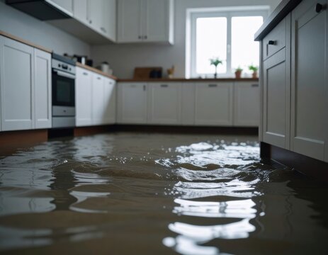 A modern kitchen with white cabinets and wooden countertops flooded with water, illuminated by natural light from a window.