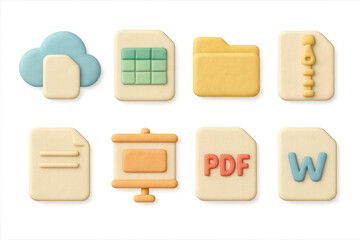 Clay style file icons illustration: pdf, cloud, folder, spreadsheet, archive, presentation, document