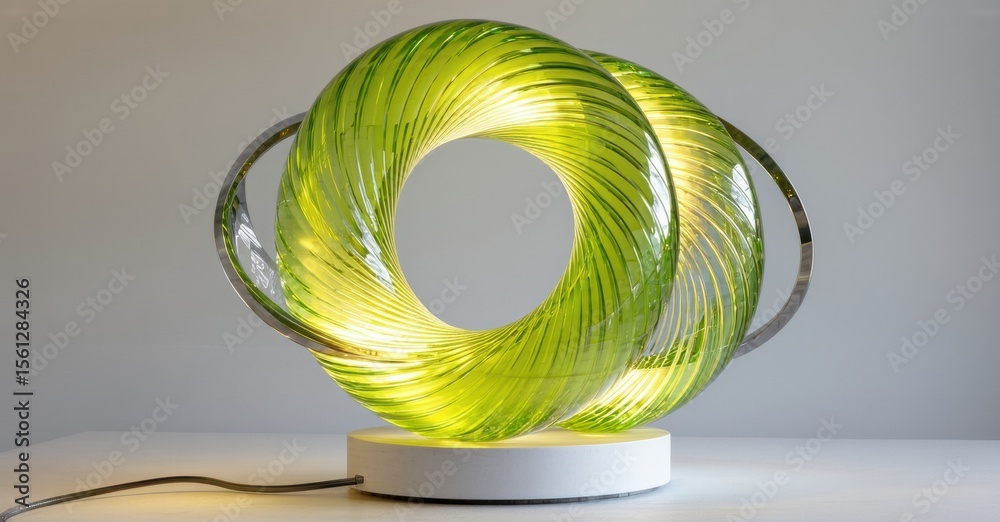 Poster elegant lamp features twisted glass form. bright illumination emanates from within circular design. 