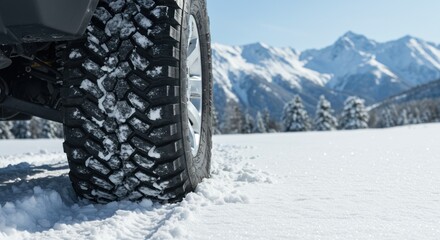 Winter journey: Vehicle tire tracks in pristine snowy landscape with majestic mountains looming in