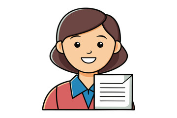Friendly cartoon woman holding a document with lines and a corner fold representing information or a report