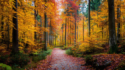 Obraz premium Autumn Trail: A captivating woodland pathway adorned with vibrant autumn foliage. Leaves cascade, offering a picturesque scene of a perfect fall afternoon.