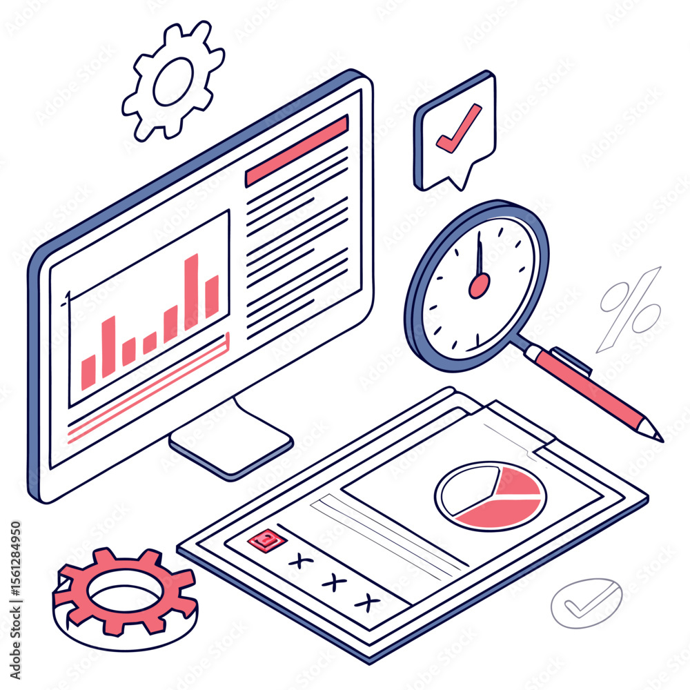 Poster isometric view of a computer screen displaying a bar graph and a document with a pie chart and clock