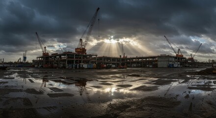 Fototapeta premium Dramatic construction site scene with cranes silhouetted against a stormy sky and sun rays
