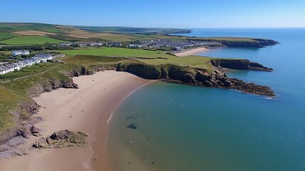 Aerial view of a secluded sandy beach curving into a tranquil bay, bordered by cliffs and a quaint coastal village under a clear blue sky