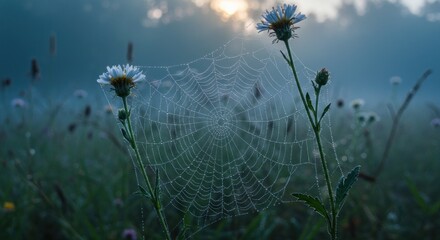 Early morning dewdrops adorns a spiderweb draped between wildflowers in hazy meadow