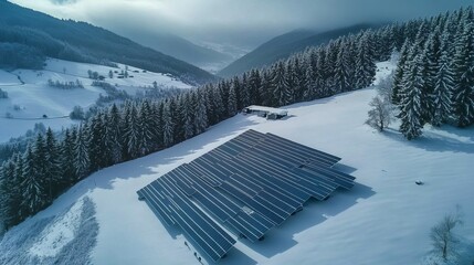 Aerial view of a solar panel array nestled in a snowy, mountainous landscape, showcasing clean energy amidst a winter wonderland