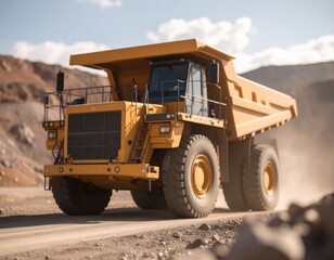 Large yellow dump truck on a construction site, showcasing industrial machinery in a rugged landscape under a clear sky.