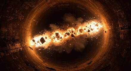 Erupting inferno within a dark circular enclosure, revealing raw elemental power, conveying an